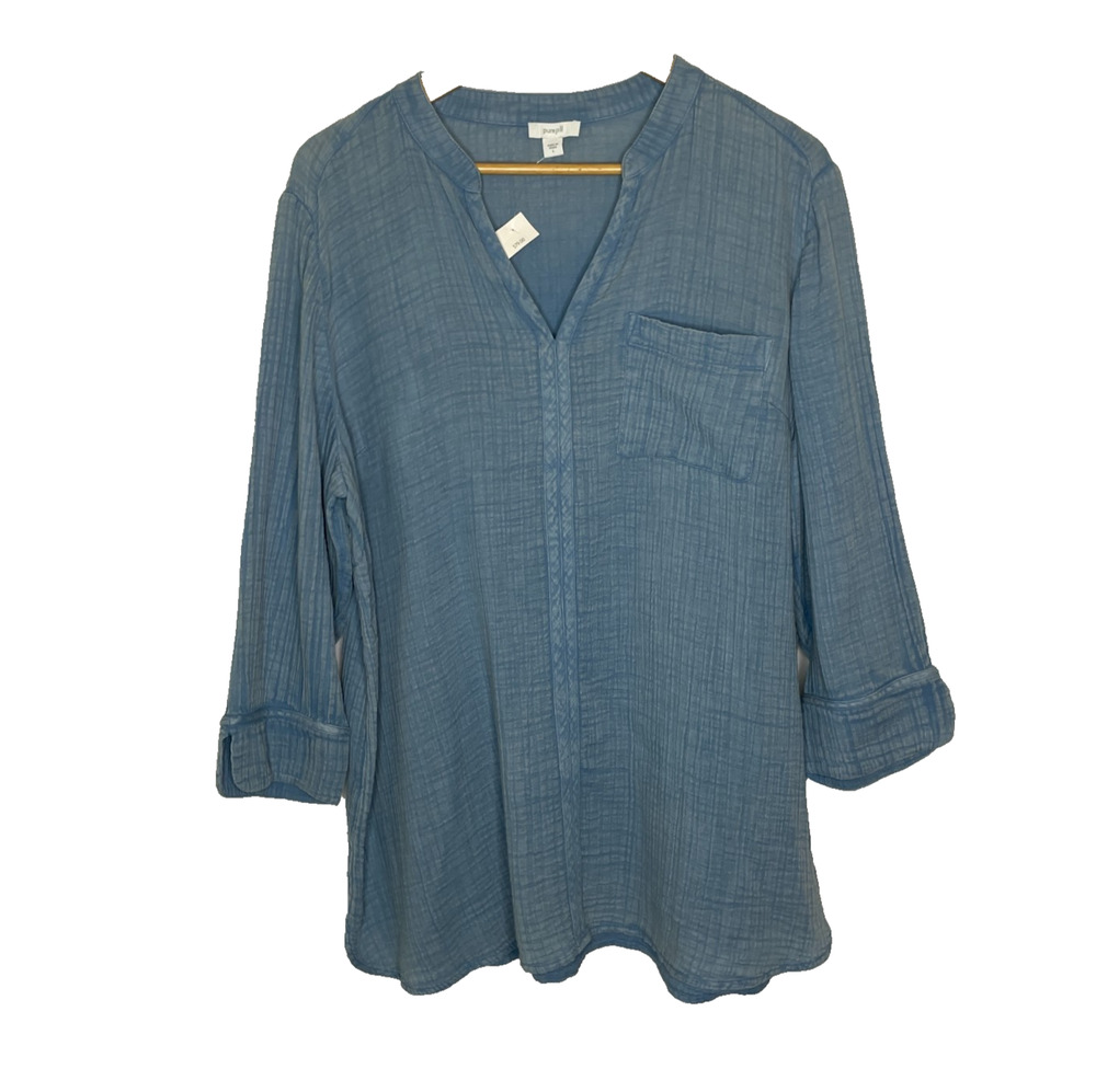 Women's Large Pure J.Jill Cotton Gauze Blue V-Neck Blouse NEW